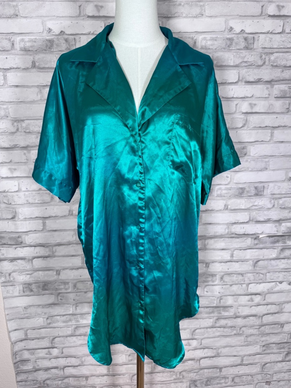 Teal Satin Button-Up Short Sleeve Nightgown Top